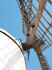 Low angle view of windmill against clear blue sky