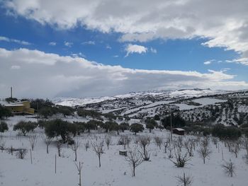 Scenic view of snow covered landscape against sky