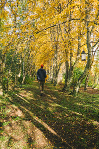 Rear view of woman walking on field