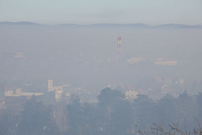 Aerial view of city and mountains against sky