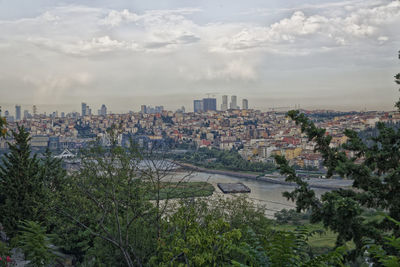 High angle view of buildings against sky