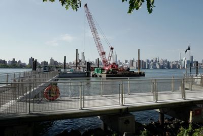 City skyline with sea in background
