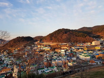 High angle view of townscape against sky