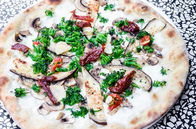 High angle view of pizza on table