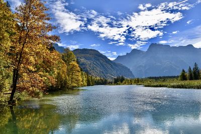 Scenic view of lake and mountains against sky