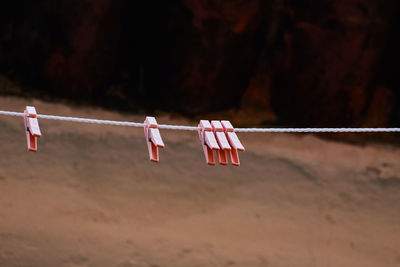 Close-up of pink clothespins on clothesline