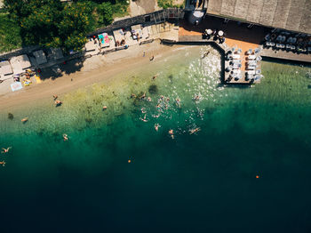 High angle view of people in city