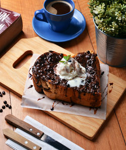 High angle view of cake served on table