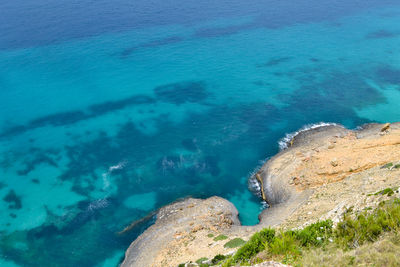 High angle view of beach against blue sky