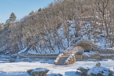 Winter landscape. beautiful bridge over the olkhovka river in the national resort park of kislovodsk