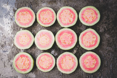 High angle view of pink eggs on table