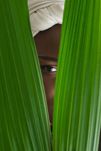 Crop unrecognizable black female in traditional turban looking at camera through green leaves of tropical plant in garden