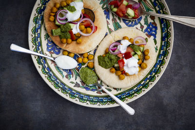 High angle view of breakfast served on table