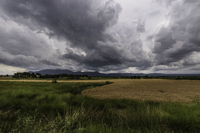 Scenic view of field against cloudy sky