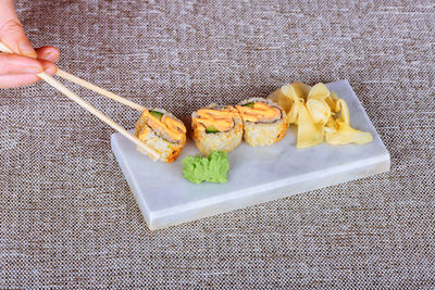 High angle view of sushi in tray