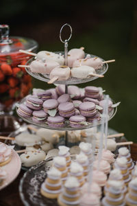 Sweet candy bar on wedding with purple french macarons and handmade ice cream