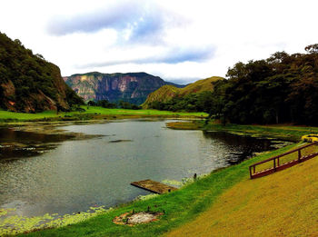 Scenic view of lake against cloudy sky