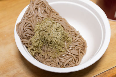 High angle view of noodles in bowl on table