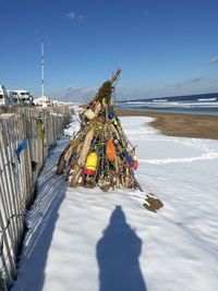 High angle view of people on beach during winter