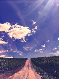 Road passing through field against cloudy sky