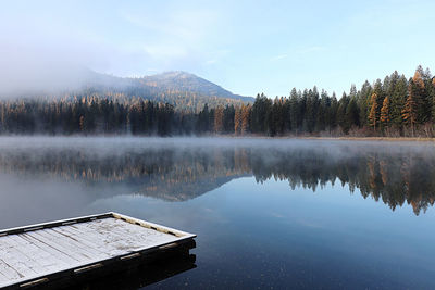 Scenic view of lake by trees against sky