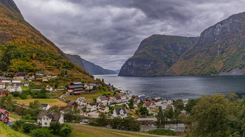 The quiet town of undredal above aurlandfjords