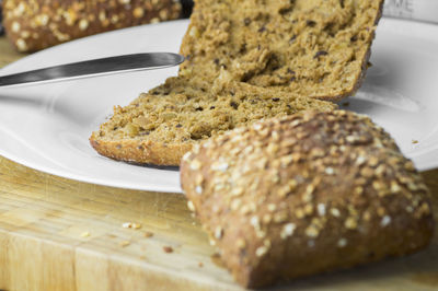 Close-up of wholegrain bread on table