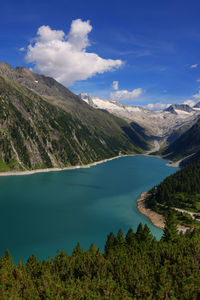 Scenic view of lake and mountains against sky