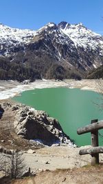 Scenic view of lake by snowcapped mountains against sky