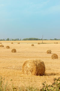 Hay bales on field against sky