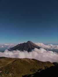 View of volcanic landscape against cloudy sky