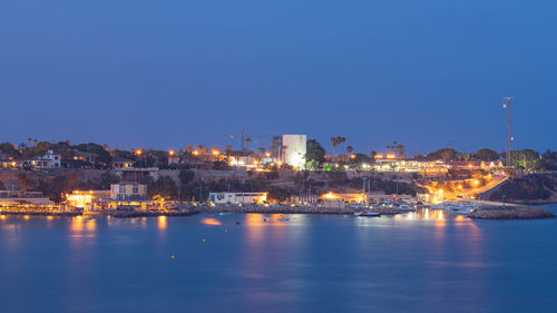 Buildings by sea against clear blue sky