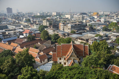 High angle view of buildings in city