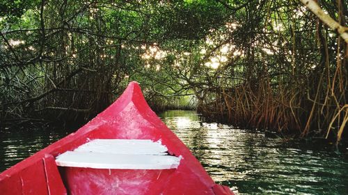 Red boat floating on lake