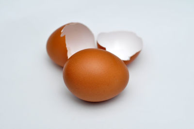 Close-up of eggs on white background