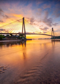 View of suspension bridge at sunset