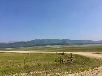 Scenic view of field against clear blue sky