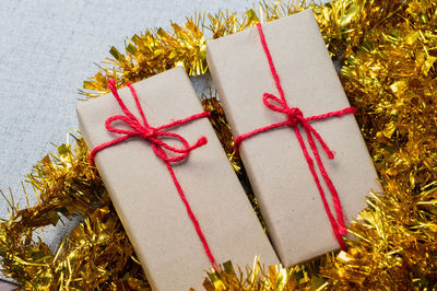 High angle view of christmas decoration in box