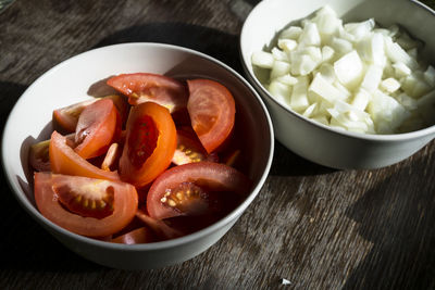 High angle view of salad in bowl on table