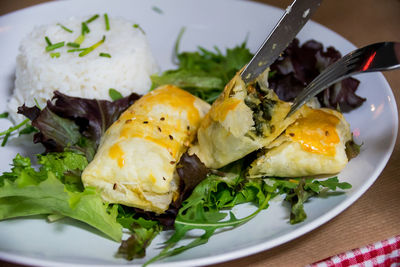 Close-up of food served on table