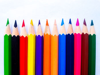 Close-up of colored pencils against white background