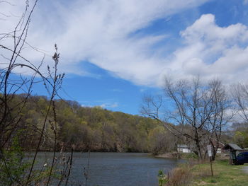 Scenic view of lake against cloudy sky