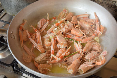 High angle view of prawns in container