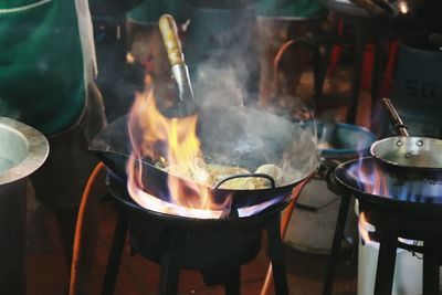 Close-up of fire in cooking pan