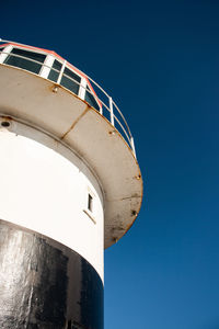 Low angle view of lighthouse against clear blue sky