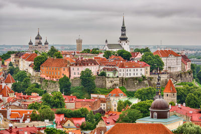 High angle view of town against sky