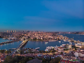 High angle view of illuminated city by river against blue sky