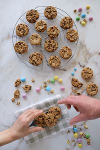 Cropped hand of woman and man holding chocolate chip cookies on table. 