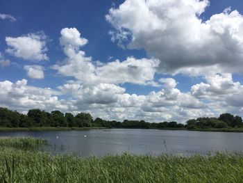 Scenic view of lake against cloudy sky