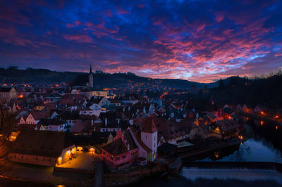 High angle view of townscape against sky during sunset